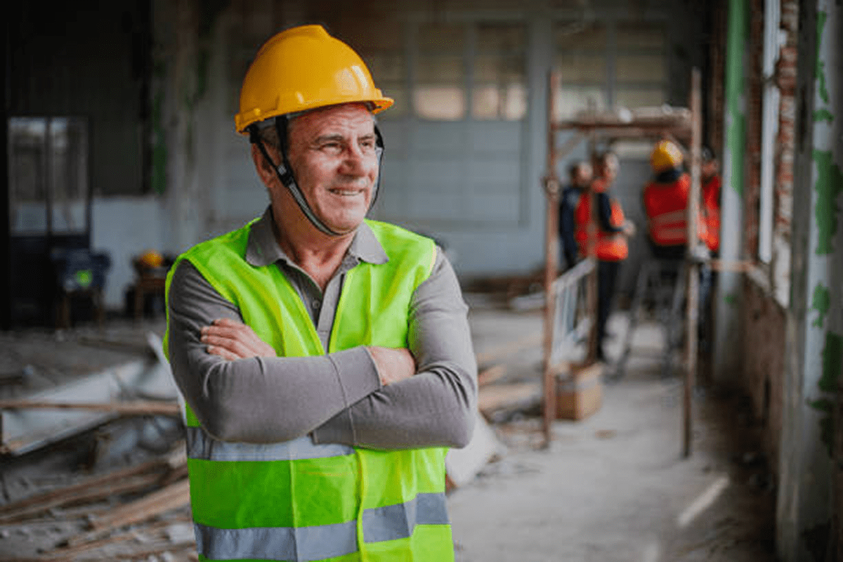Smiling construction worker in safety gear at a building site.