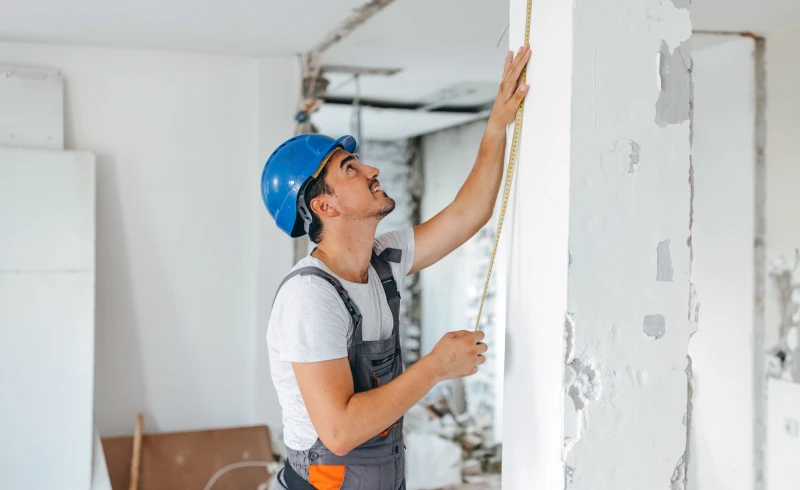 Man in hard hat checking wall dimensions