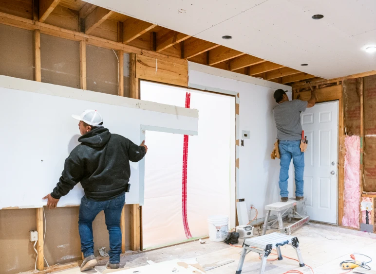 Workers installing drywall in a room