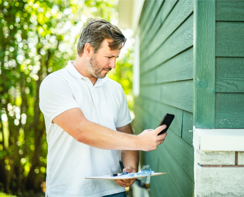 Man inspecting house siding with smartphone